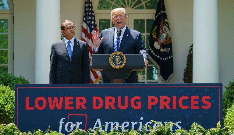 President Donald Trump speaks during an event about prescription drug prices with Health and Human Services Secretary Alex Azar in the Rose Garden of the White House in Washington, Friday, May 11, 2018.