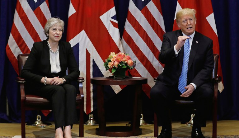 US President Donald Trump addresses others in the room as British Prime Minister Theresa May listens during their meeting on the sidelines of the 73rd session of the United Nations General Assembly, Wednesday, Sept. 26, 2018 at the Palace Hotel in New York, New York.