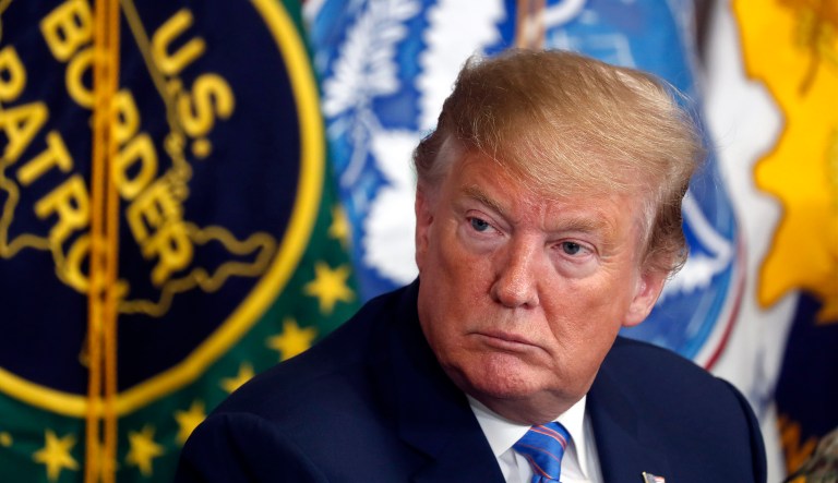 President Donald Trump participates in a roundtable on immigration and border security at the U.S. Border Patrol Calexico Station in Calexico, Calif., Friday April 5, 2019. Trump headed to the border with Mexico to make a renewed push for border security as a central campaign issue for his 2020 re-election.