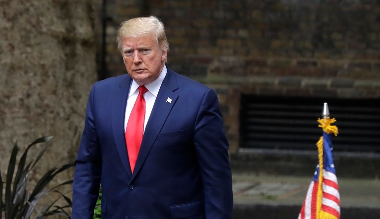 President Donald Trump arrives for a meeting with British Prime Minister Theresa May in Downing Street in central London, Tuesday, June 4, 2019.