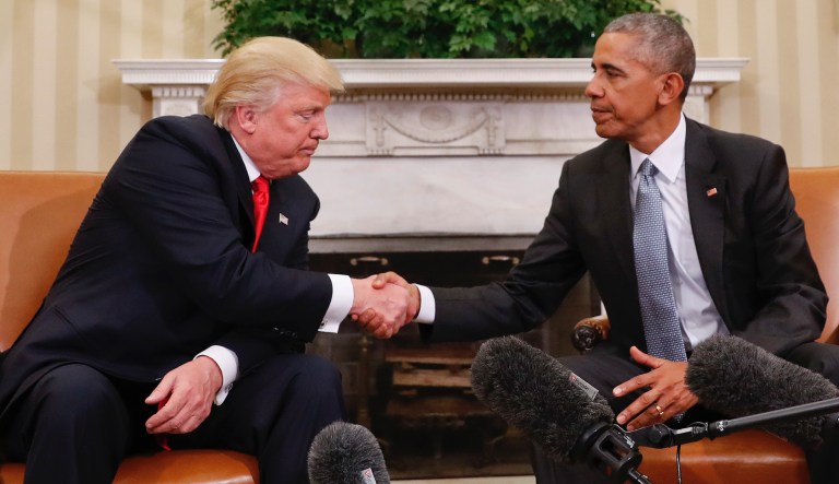 President Barack Obama and President-elect Donald Trump shake hands following their meeting in the Oval Office of the White House in Washington, Thursday, Nov. 10, 2016.