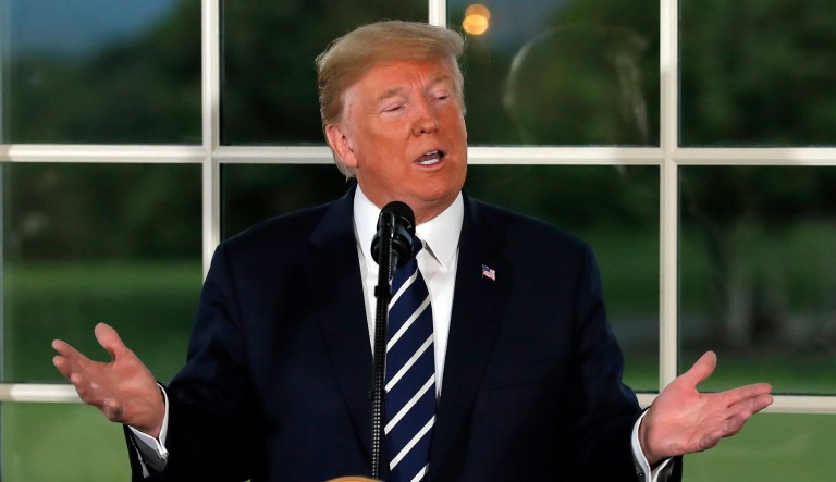 President Donald Trump speaks as he meets with business leaders, Tuesday, Aug. 7, 2018, at Trump National Golf Club in Bedminster, N.J.