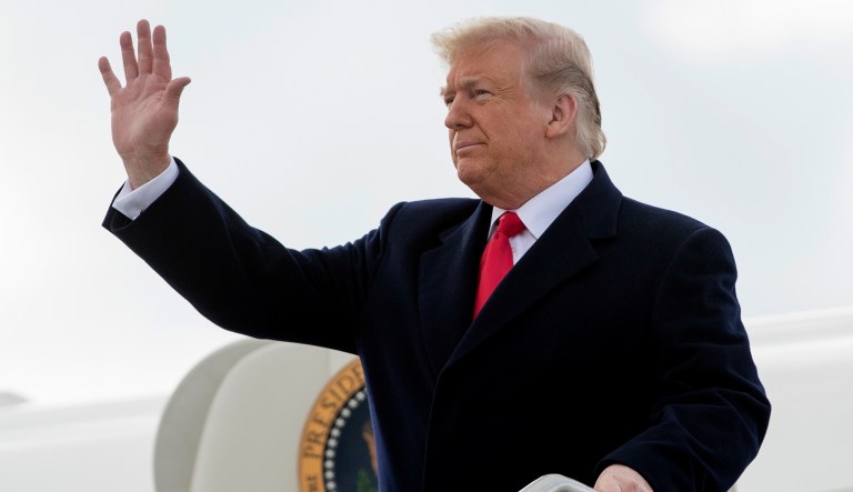 President Donald Trump arrives at Indianapolis International Airport in Indianapolis, Saturday, Oct. 27, 2018, to speak at the 91st Annual Future Farmers of America Convention and Expo.