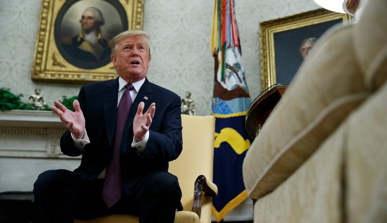 President Donald Trump speaks during a meeting with Hungarian Prime Minister Viktor OrbÃ¡n in the Oval Office of the White House, Monday, May 13, 2019, in Washington.