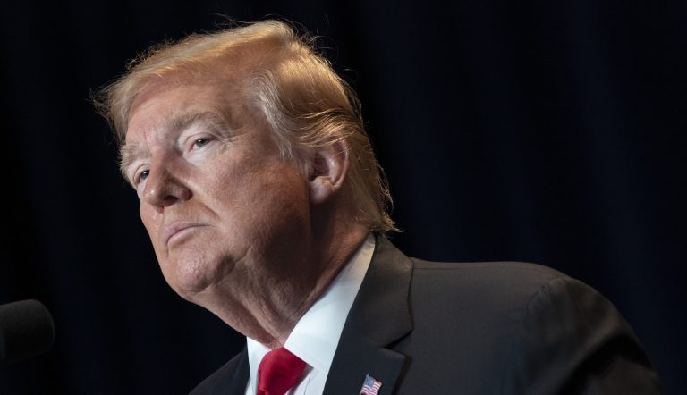 President Trump pauses while speaking during an annual National Prayer Breakfast in Washington, D.C., on Thursday, Feb. 7, 2019.