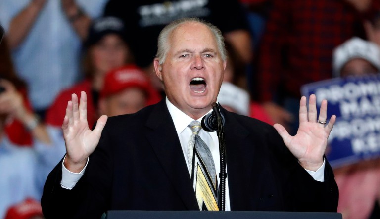 Radio personality Rush Limbaugh introduces President Donald Trump at the start of a campaign rally Monday, Nov. 5, 2018, in Cape Girardeau, Mo.