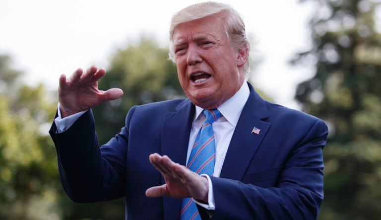President Donald Trump speaks to the media before leaving the White House in Washington, Friday, Aug. 2, 2019, for the short trip to Andrews Air Force Base, Md., and onto his Bedminster, N.J. golf club. 