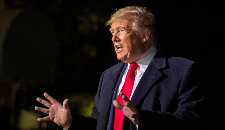 President Donald Trump speaks to reporters as he leaves the White House in Washington for a trip to New York City, Saturday, Nov. 2, 2019. 
