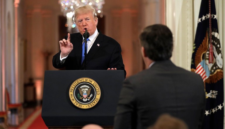 President Donald Trump speaks with CNN White House correspondent Jim Acosta during a news conference in the East Room of the White House, Wednesday, Nov. 7, 2018, in Washington.
