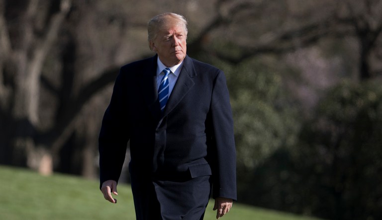President Donald Trump walks on the South Lawn upon his return to the White House in Washington, Thursday, April 5, 2018, for a trip to White Sulphur Springs, W.Va.