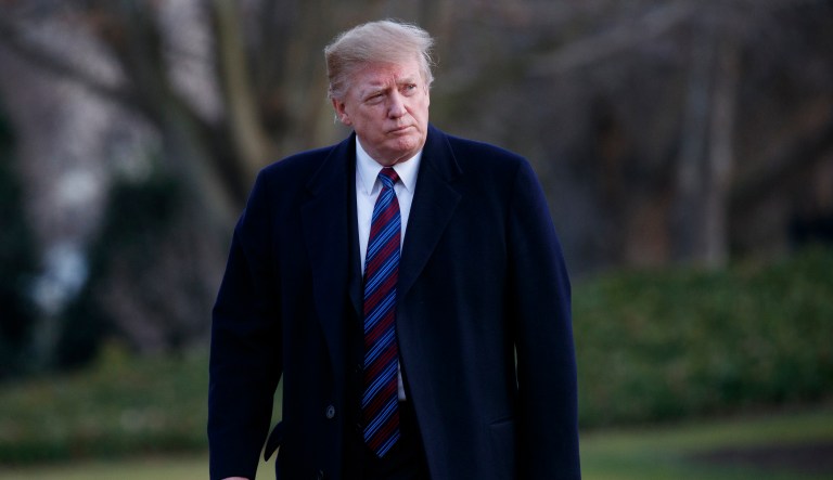 President Donald Trump arrives on Marine One on the South Lawn of the White House in Washington, Friday, Feb. 8, 2019.