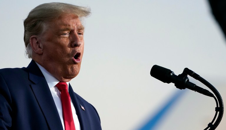 President Donald Trump speaks during a campaign rally at Orlando Sanford International Airport, Monday, Oct. 12, 2020, in Sanford, Fla. 