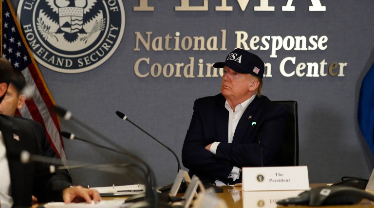President Donald Trump listens at the Federal Emergency Management Agency (FEMA), Sunday, Sept. 1, 2019, in Washington.