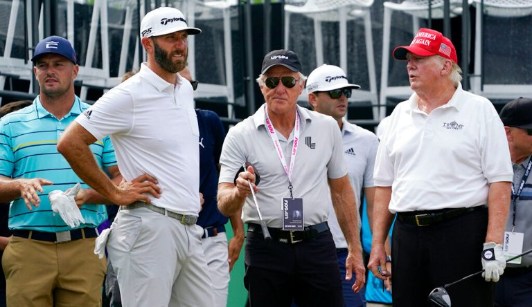 Former President Donald Trump participates in an LIV Golf tournament.