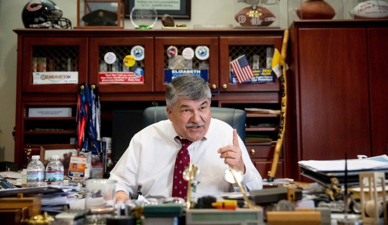 AFL-CIO President Richard Trumka speaks during an interview with the Associated Press in Washington, Wednesday, Feb. 1, 2017. 