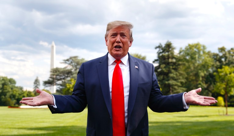 President Donald Trump speaks to members of the media on the South Lawn at the White House in Washington, Wednesday, July 24, 2019, as he departs for a short trip to Andrews Air Force Base, Md., and onto Wheeling, W. Va.