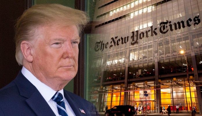 President Trump is seen on the left; the New York Times Building is pictured on the right.