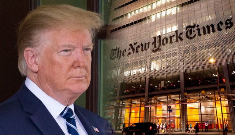 President Trump is seen on the left; the New York Times Building is pictured on the right.