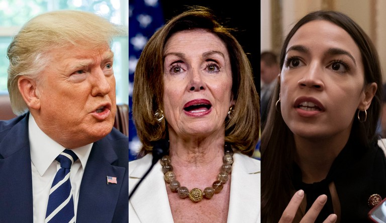 From left to right: President Trump, Nancy Pelosi, Alexandria Ocasio-Cortez.