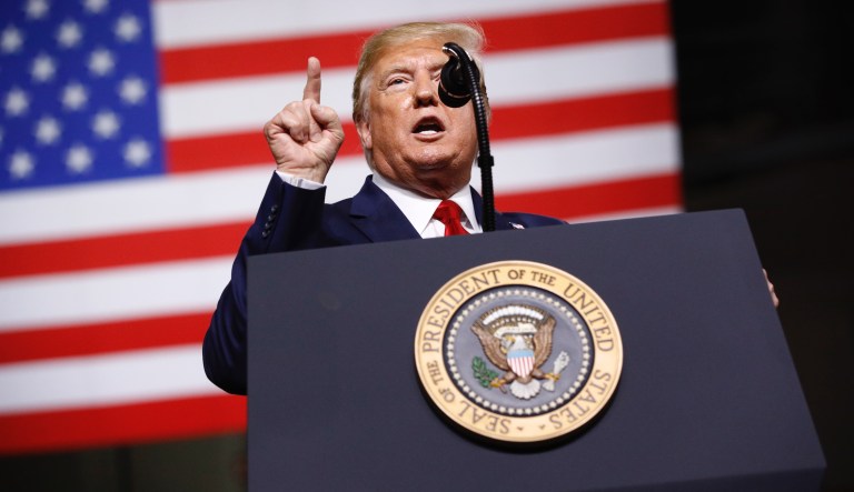 President Donald Trump speaks at a campaign rally, Thursday, Aug. 15, 2019, in Manchester, N.H.