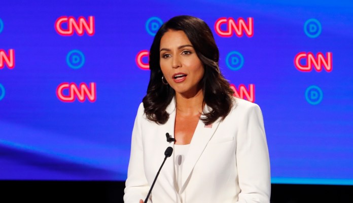 Rep. Tulsi Gabbard, D-Hawaii, speaks during the second of two Democratic presidential primary debates hosted by CNN Wednesday, July 31, 2019, in the Fox Theatre in Detroit.