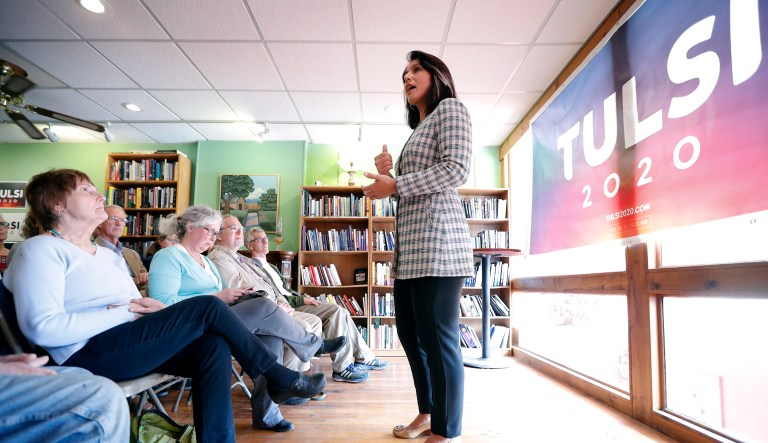 2020 Democratic presidential candidate Tulsi Gabbard speaks during a meeting with local residents, Wednesday, April 17, 2019, in Fairfield, Iowa.