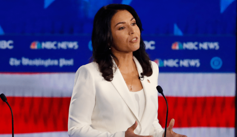 Democratic presidential candidate Rep. Tulsi Gabbard, D-Hawaii, speaks during a Democratic presidential primary debate, Wednesday, Nov. 20, 2019, in Atlanta. (AP Photo/John Bazemore)