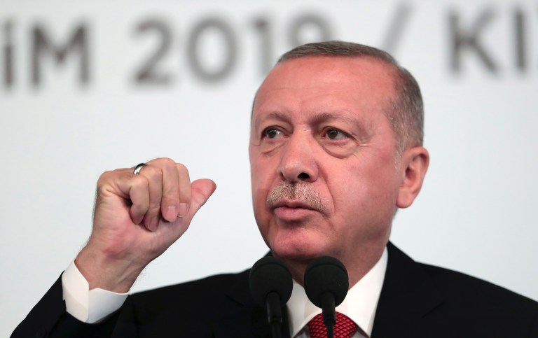 Turkey's President Recep Tayyip Erdogan, talks to to supporters during an event in Ankara, Turkey, Saturday, Oct. 5, 2019.