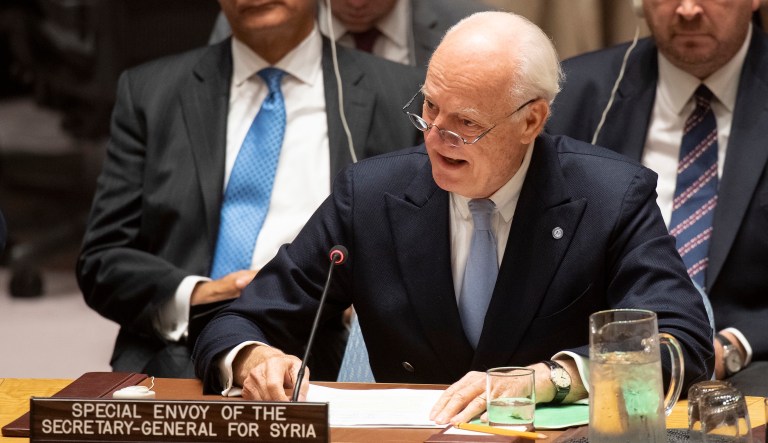 United Nations Special Envoy Staffan de Mistura speaks at a Security Council meeting, Wednesday, Oct. 17, 2018 at U.N. headquarters.