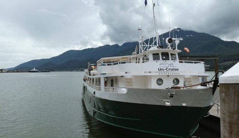 The Wilderness Adventurer is shown Wednesday, Aug. 5, 2020, following its return to Juneau, Alaska, after one of its 36 passengers tested positive for COVID-19. The first cruise of the stunted season was cut short, and all passengers were required to quarantine at a hotel while the 30 crew members were to quarantine on the ship.
