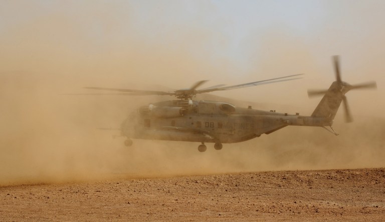 DJIBOUTI - A CH-53E Super Stallion, piloted by U.S. Marines, lands in the desert of Djibouti.