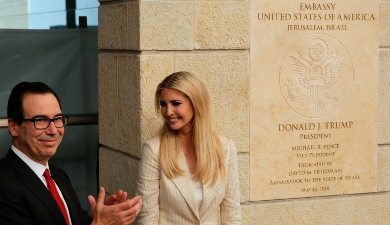 U.S. President Donald Trump's daughter Ivanka Trump, right, and U.S. Treasury Secretary Steve Mnuchin attend the opening ceremony of the new U.S. embassy in Jerusalem, Monday, May 14, 2018. Amid deadly clashes along the Israeli-Palestinian border, President Donald Trump's top aides and supporters on Monday celebrated the opening of the new U.S. Embassy in Jerusalem as a campaign promised fulfilled.