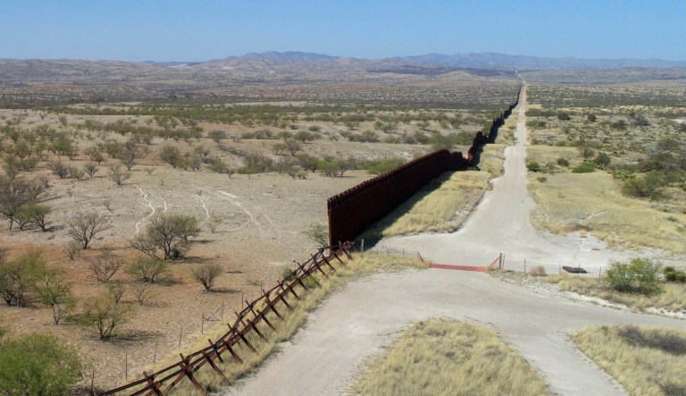 A drone view of the US-Mexico border fence outside Nogales, Arizona, Saturday, April 1, 2017.