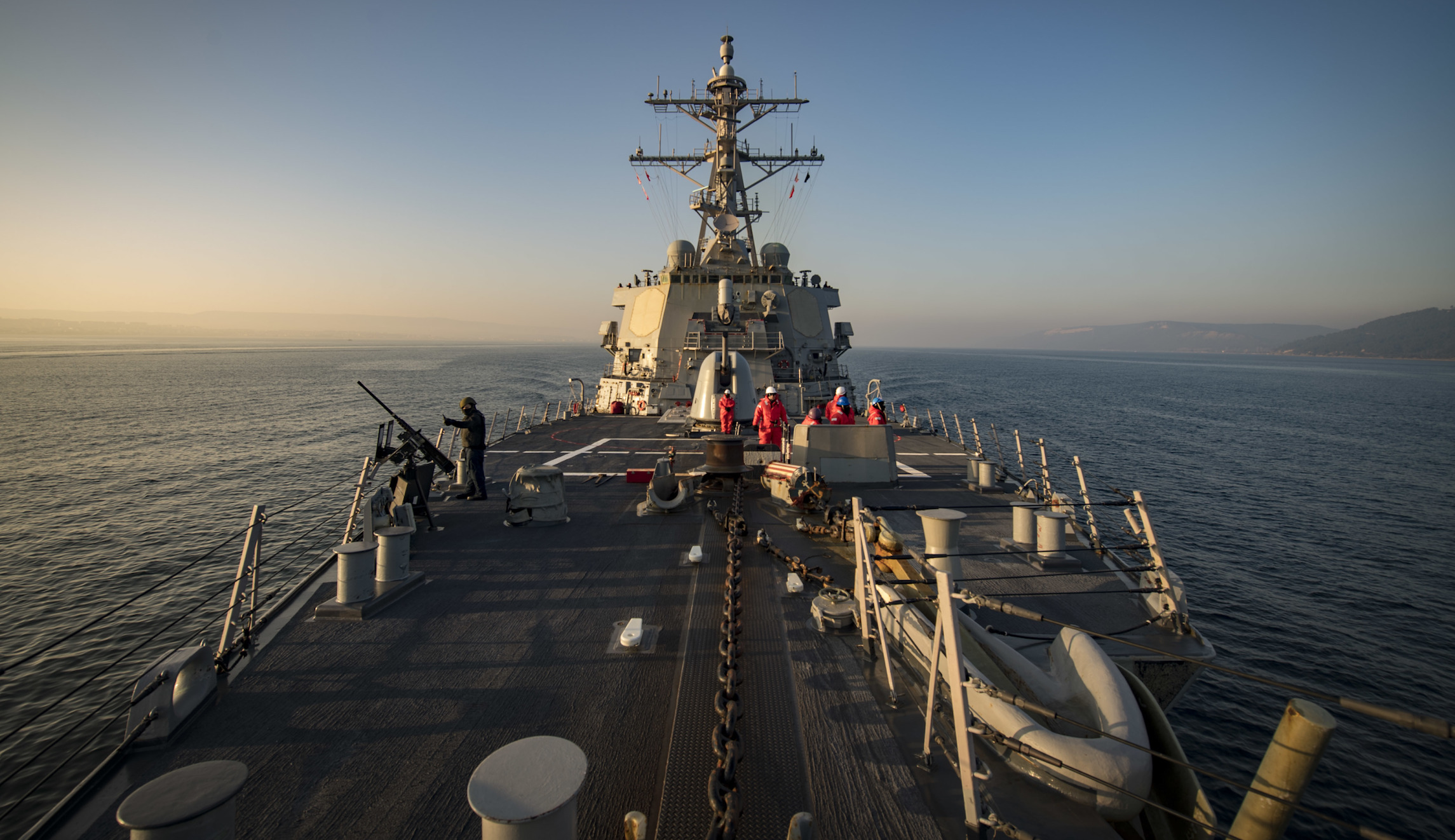 The Arleigh Burke-class guided-missile destroyer USS Donald Cook transits the Dardanelles Strait, Feb. 19, 2019. (U.S. Navy photo by Mass Communication Specialist 2nd Class Ford Williams/Released)