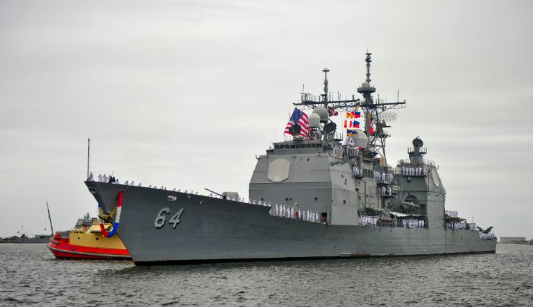 The guided-missile cruiser USS Gettysburg (CG 64), returns to Naval Station Mayport after a nine-month deployment to the U.S. 5th and 6th Fleet areas of responsibility.