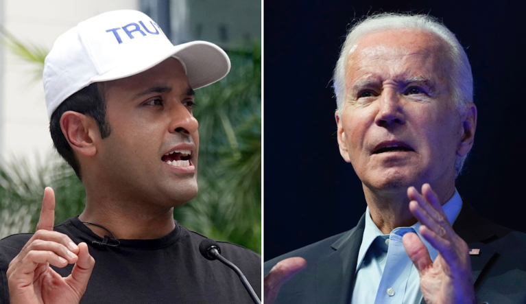 2024 GOP presidential candidate Vivek Ramaswamy (left) and President Joe Biden.