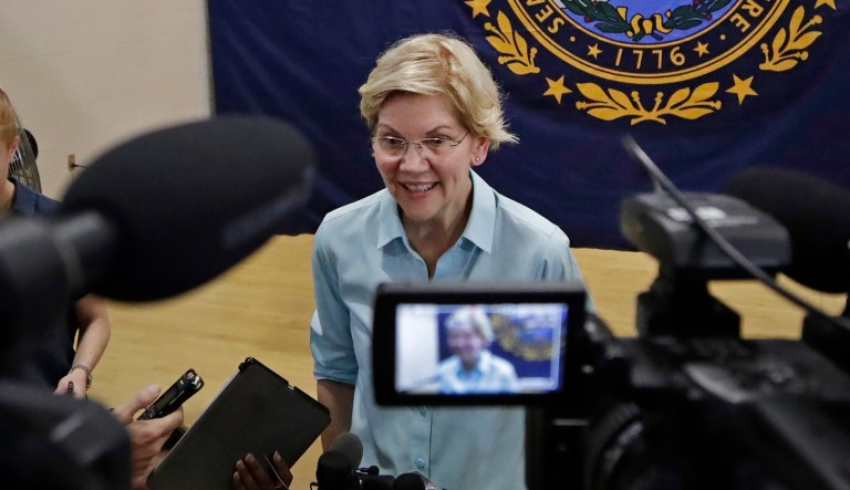 Democratic presidential candidate Sen. Elizabeth Warren, D-Mass., speaks to media at a campaign event, Saturday, July 27, 2019, in Derry, N.H.