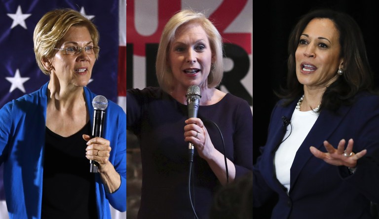 Sens. Elizabeth Warren, Kirsten Gillibrand, and Kamala Harris are shown.