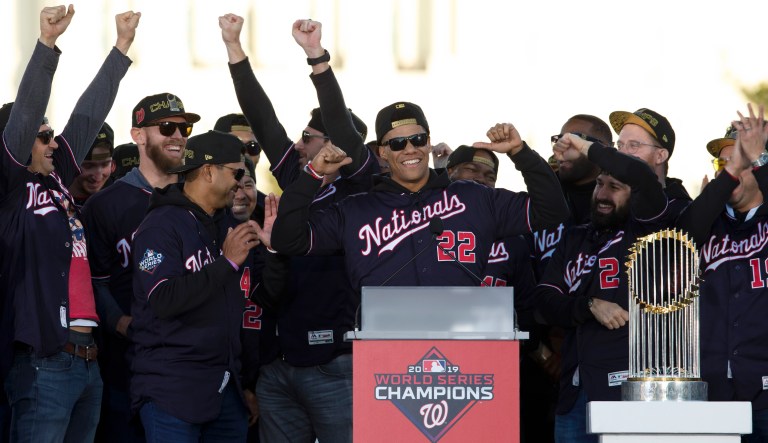 Washington Nationals player Juan Soto celebrates with his team players the World Series baseball championship during the parade to celebrate the teamâs World Series baseball championship over Houston Astros, Saturday, Nov. 2, 2019, in Washington.