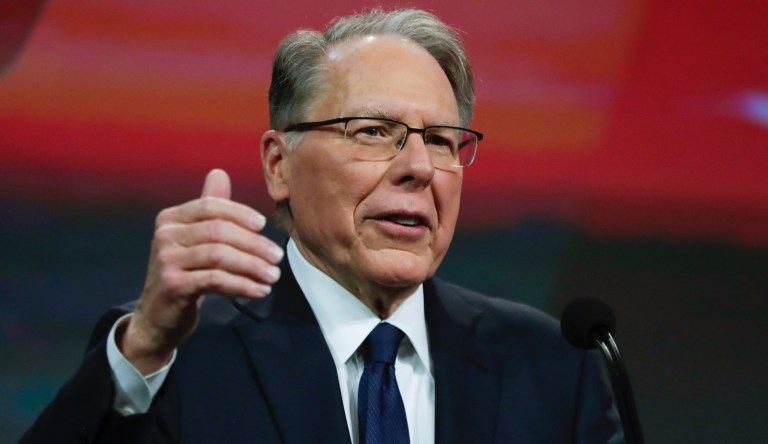 Nation Rifle Association Executive Vice President Wayne LaPierre speaks at the NRA Annual Meeting of Members in Indianapolis, Saturday, April 27, 2019. On Saturday, retired Lt. Col. Oliver North announced that he will not serve a second term as president of the NRA amid inner turmoil in the gun-rights group. 
