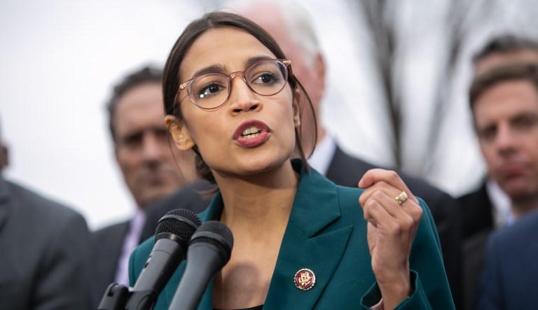 Rep. Alexandria Ocasio-Cortez, D-NY, holds a press conference on the Green New Deal Resolution outside of the U.S. Capitol, Thursday, Feb. 7, 2019. 