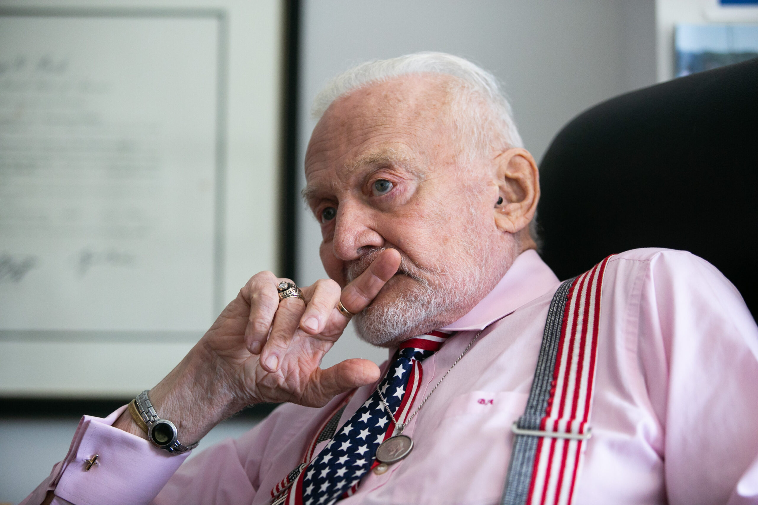 American engineer and a former astronaut and fighter pilot, Buzz Aldrin, Friday, July 19, 2019.