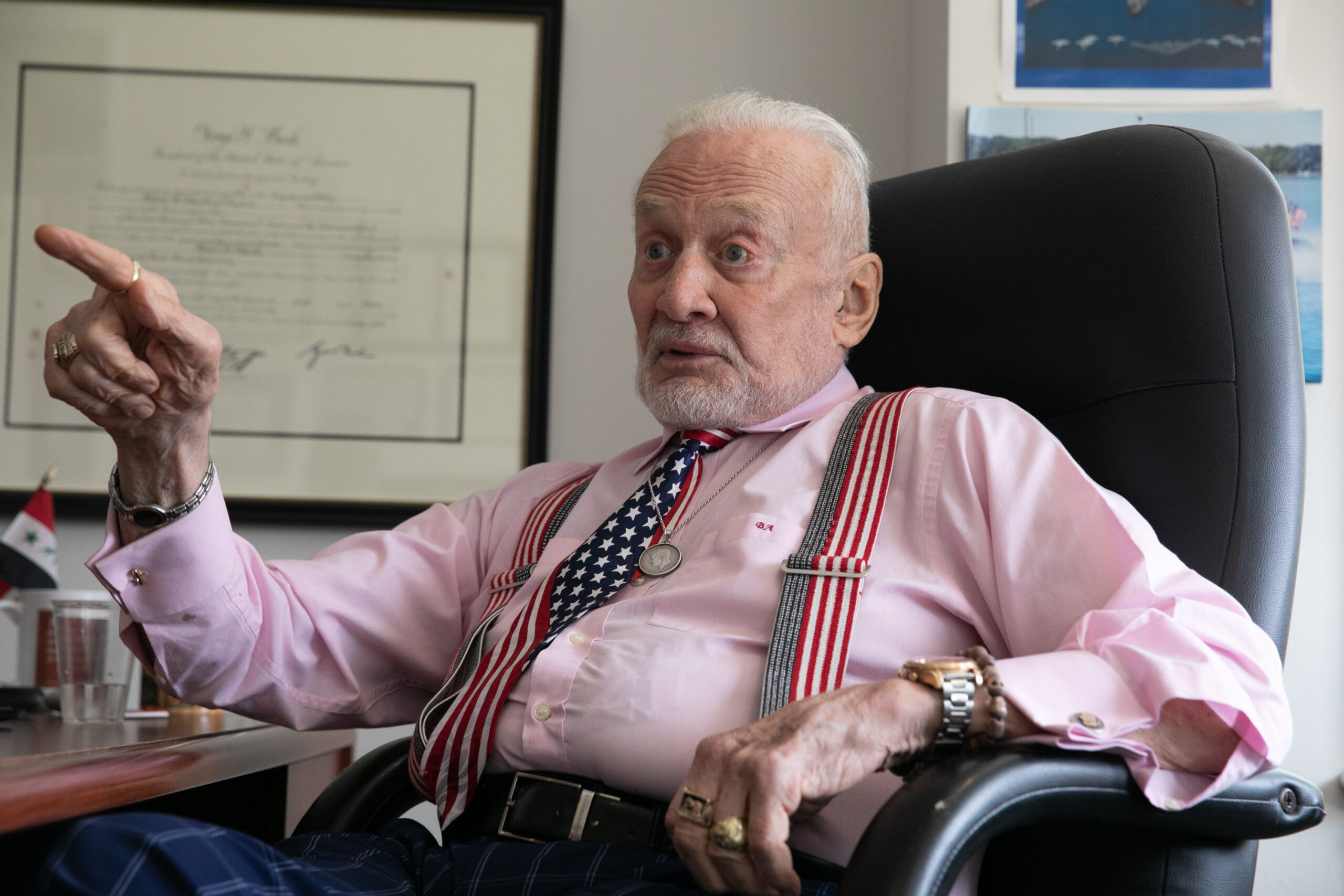 American engineer and a former astronaut and fighter pilot, Buzz Aldrin, Friday, July 19, 2019.