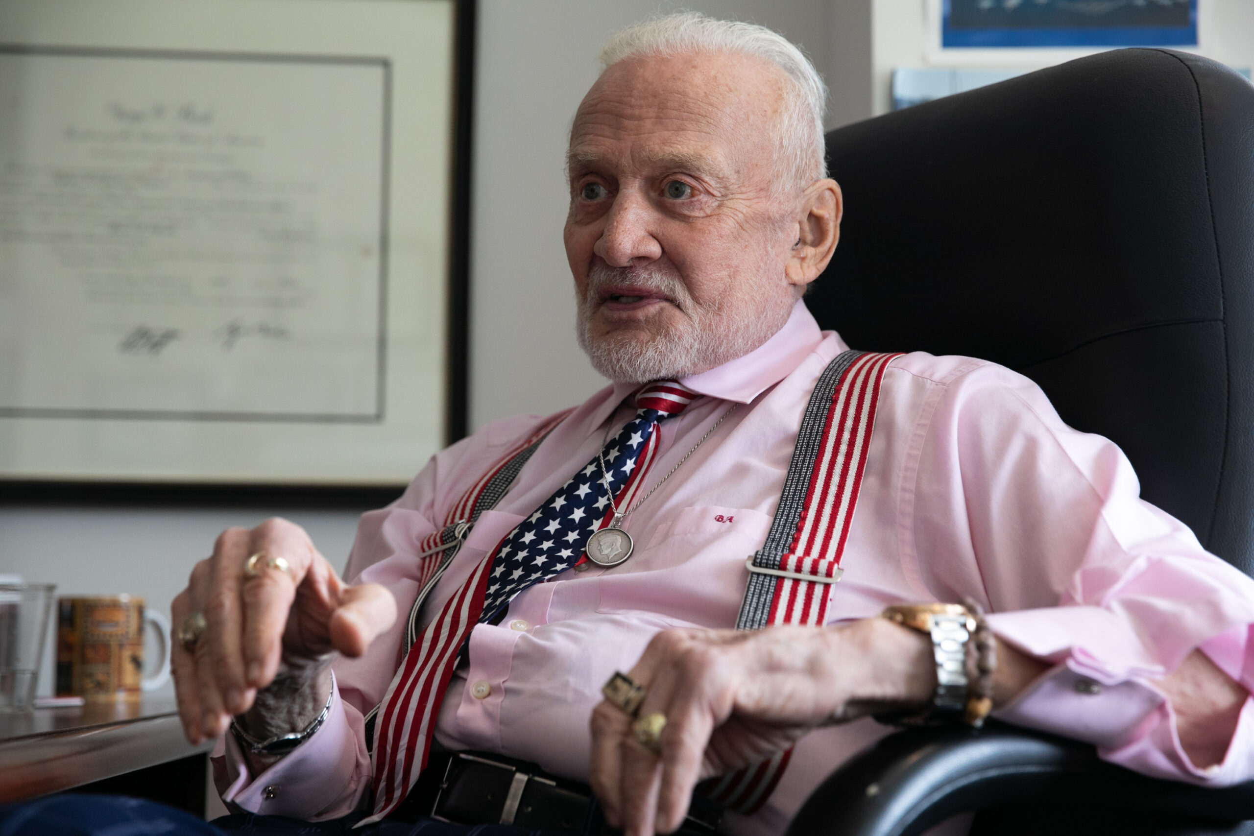 American engineer and a former astronaut and fighter pilot, Buzz Aldrin, Friday, July 19, 2019.
