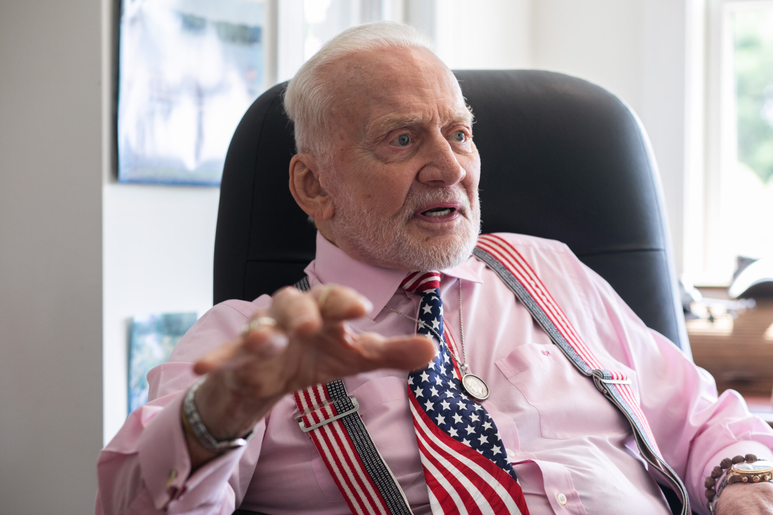 American engineer and a former astronaut and fighter pilot, Buzz Aldrin, Friday, July 19, 2019.