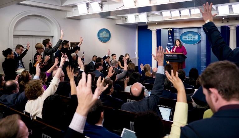 White House press secretary Sarah Huckabee Sanders calls on a reporter during the daily press briefing at the White House, Monday, Jan. 29, 2018, in Washington. Sanders discussed immigration, President Donald Trump's upcoming State of the Union Address to Congress and other topics.