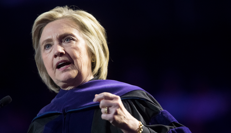 FILE - In this Wednesday, May 29, 2019 file photo, former Secretary of State Hillary Clinton delivers Hunter College's commencement address in New York. Former U.S. Secretary of State Hillary Clinton has been appointed Chancellor at Queen's University in Belfast, the capital of Northern Ireland, Thursday Jan. 2, 2020, to serve a five-year term. (AP Photo/Mary Altaffer, FILE)