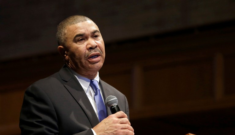 Rep. William Lacy Clay, D-Mo., speaks during a church service at Wellspring Church in Ferguson, Mo.