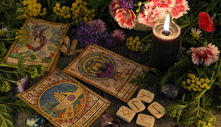 Mystic background with ritual esoteric objects, occult, fortune telling and halloween concept