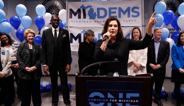 Michigan Democratic gubernatorial candidate Gretchen Whitmer addresses supporters during a campaign stop, Sunday, Nov. 4, 2018, in Detroit.